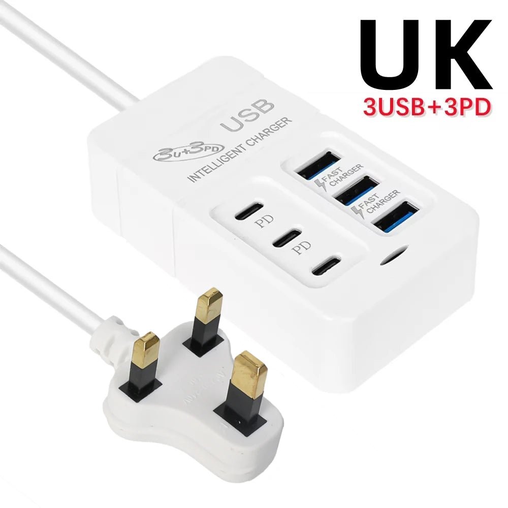 6Ports Multiport USB Charger 35W PD Type-C Mobile Phone Fast Chargin Quick Type C Wall Chargers TypeC Hub Adapter EU US UK Plug