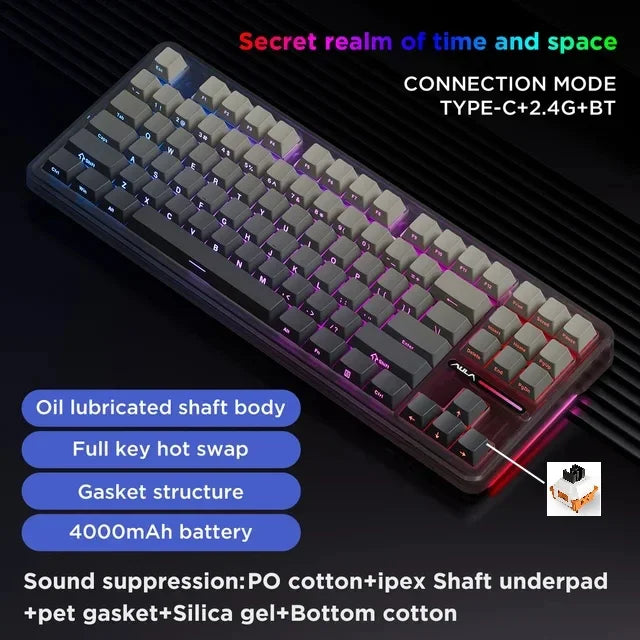 Aula F87 PRO Mechanical Keyboard 3 Mode 2.4G/USB/Bluetooth Tri Mode Wireless Keyboard 87 Key Hotswap RGB PBT Gaming Keyboard
