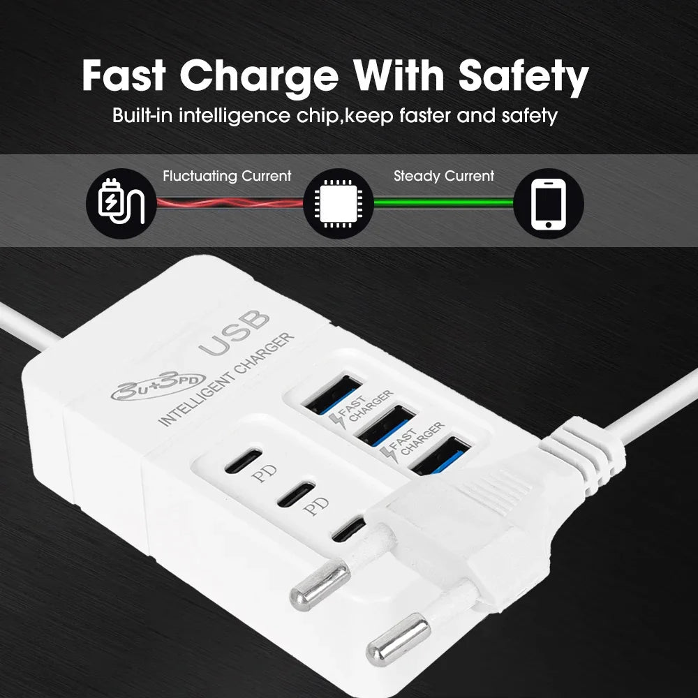 6Ports Multiport USB Charger 35W PD Type-C Mobile Phone Fast Chargin Quick Type C Wall Chargers TypeC Hub Adapter EU US UK Plug