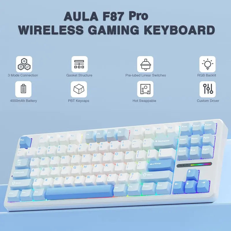 Aula F87 PRO Mechanical Keyboard 3 Mode 2.4G/USB/Bluetooth Tri Mode Wireless Keyboard 87 Key Hotswap RGB PBT Gaming Keyboard