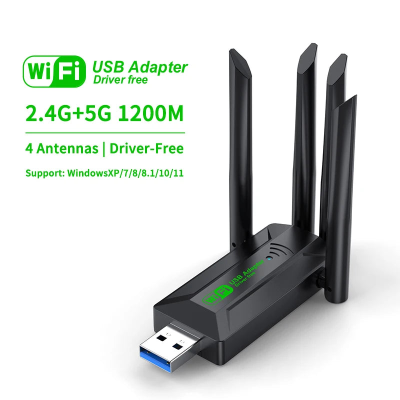 1200Mbps WiFi USB Adapter Dual Band 2.4G+5Ghz Wi-Fi Dongle 4 Antenna 802.11AC USB3.0 High-Speed Wireless Card Receiver PC/Laptop