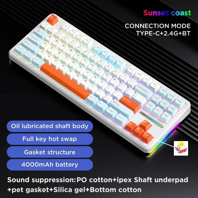 Aula F87 PRO Mechanical Keyboard 3 Mode 2.4G/USB/Bluetooth Tri Mode Wireless Keyboard 87 Key Hotswap RGB PBT Gaming Keyboard