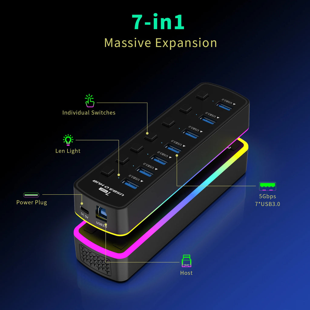 USB 3.0 Hub 4 Ports 7 Ports USB 3.0 Data Port Adapter 5Gbps High Speed Individual On/Off Switch Splitter USB Extension