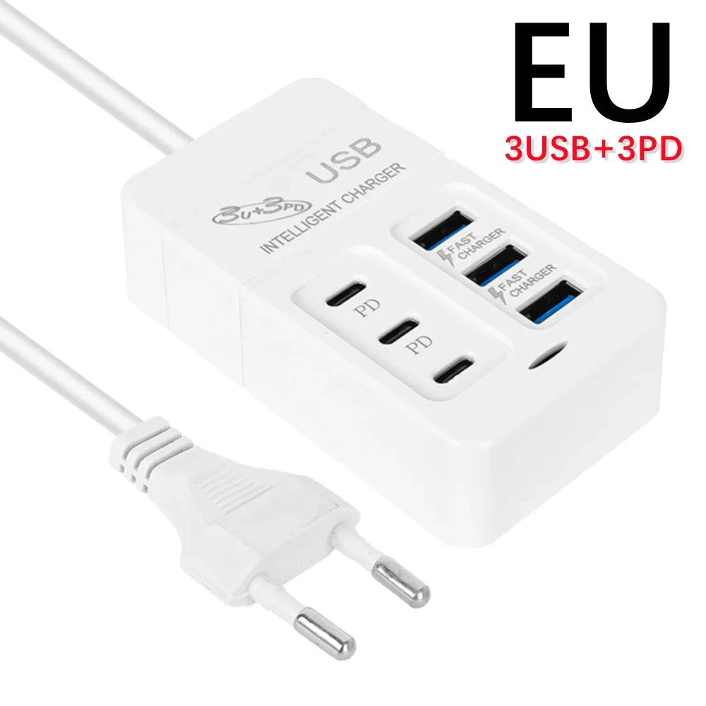 6Ports Multiport USB Charger 35W PD Type-C Mobile Phone Fast Chargin Quick Type C Wall Chargers TypeC Hub Adapter EU US UK Plug