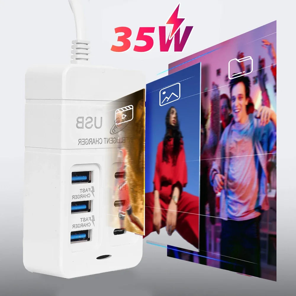 6Ports Multiport USB Charger 35W PD Type-C Mobile Phone Fast Chargin Quick Type C Wall Chargers TypeC Hub Adapter EU US UK Plug