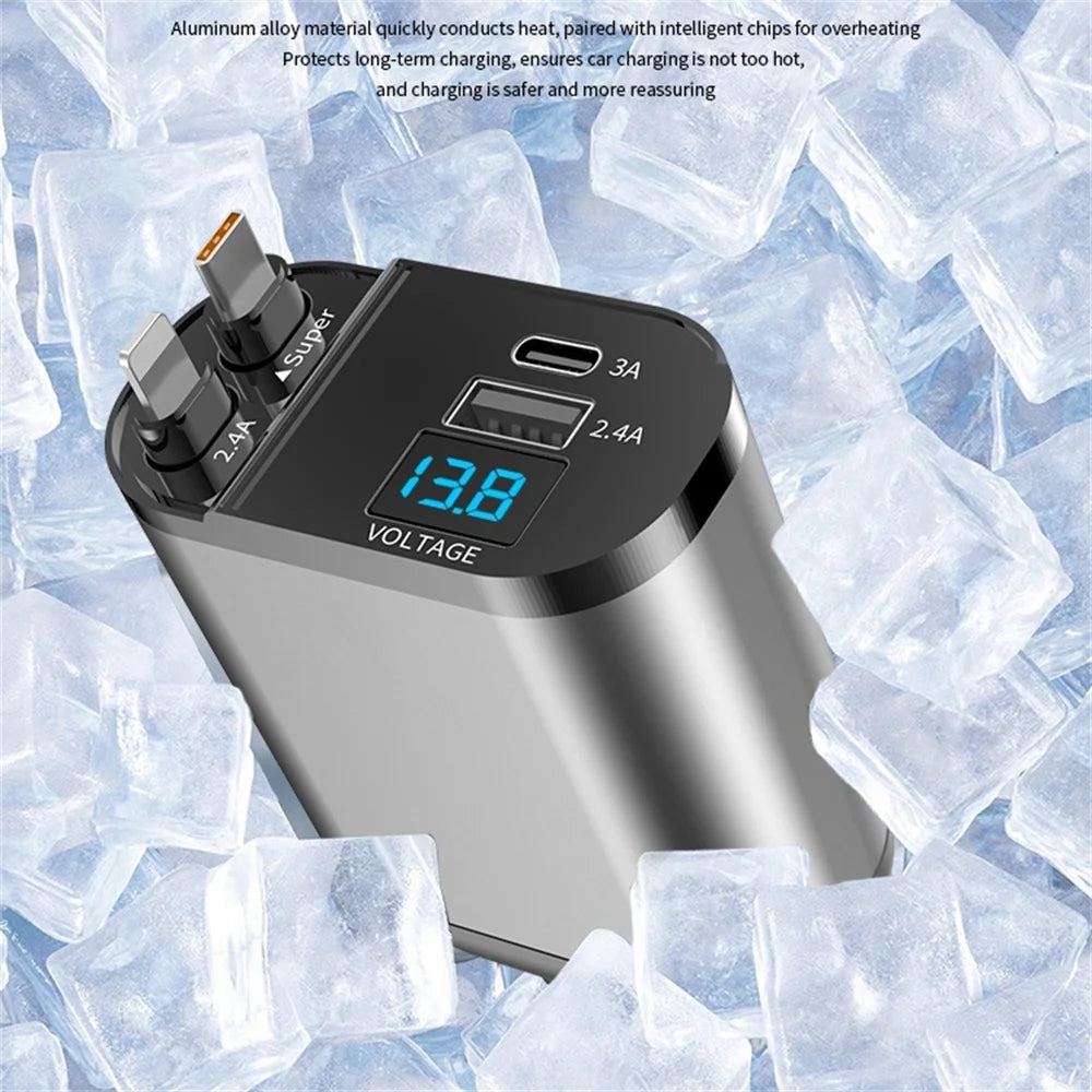 4 in 1 120W Car Charger Retractable Car Cigarette Lighter Adapter USB Type C Fast Charger Cable For IPhone Xiaomi Huawei Samsung