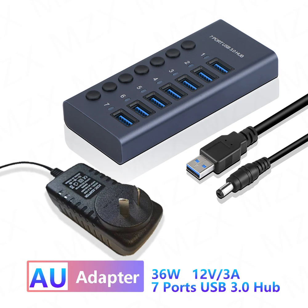 MZX USB A 3.0 Hub Aluminum Multi Ports Splitter Concentrator Quick PD Charger Power Adapter C Multiple Expander Hubs With Switch