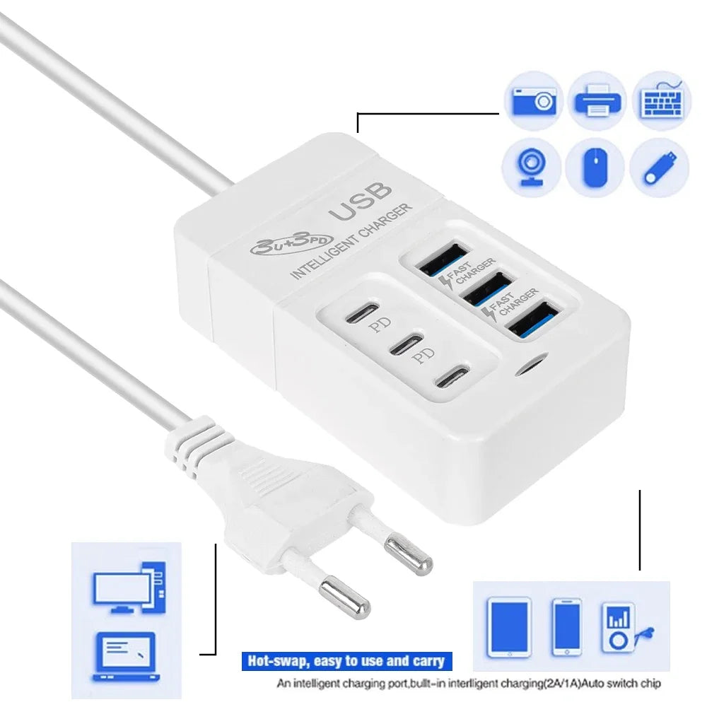 6Ports Multiport USB Charger 35W PD Type-C Mobile Phone Fast Chargin Quick Type C Wall Chargers TypeC Hub Adapter EU US UK Plug