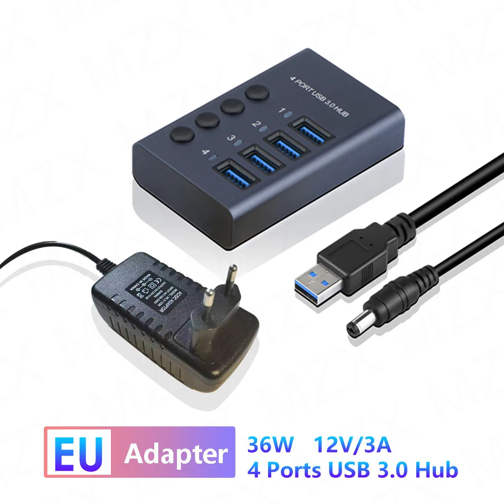 MZX USB A 3.0 Hub Aluminum Multi Ports Splitter Concentrator Quick PD Charger Power Adapter C Multiple Expander Hubs With Switch