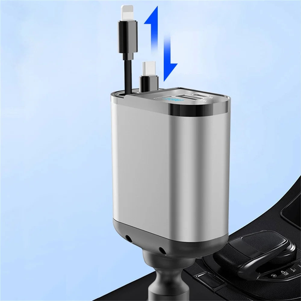 4 in 1 120W Car Charger Retractable Car Cigarette Lighter Adapter USB Type C Fast Charger Cable For IPhone Xiaomi Huawei Samsung