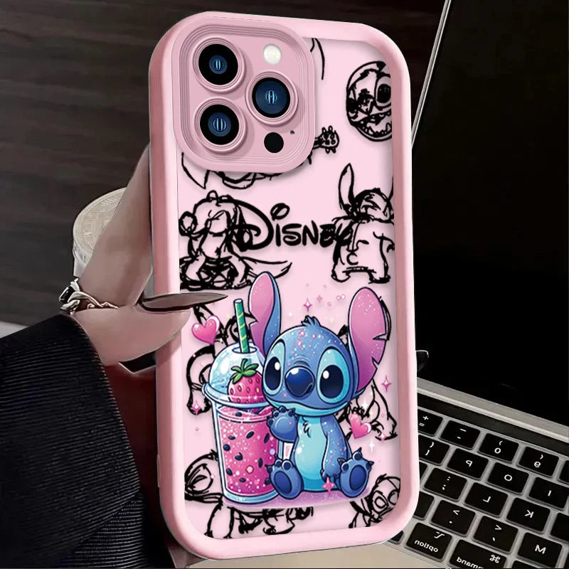 Disney Stitch Strawberry Cute Phone Case For iPhone 16 15 14 13 12 11 Pro Max X XS Max XR 12 13 Mini 8Plus Shockproof Soft Cover