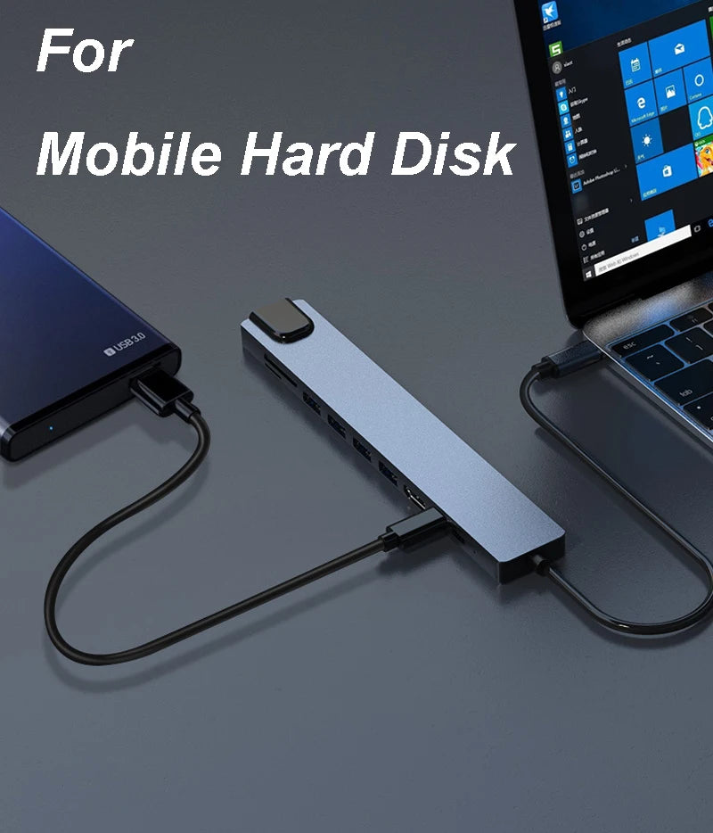 8 in 1 TYPE-C PC Tablet Phone Laptop TO HDMI RJ45 USB 2.0/3.0 SD TF Card Reader PD 100W Charger HUB Adapter Cable