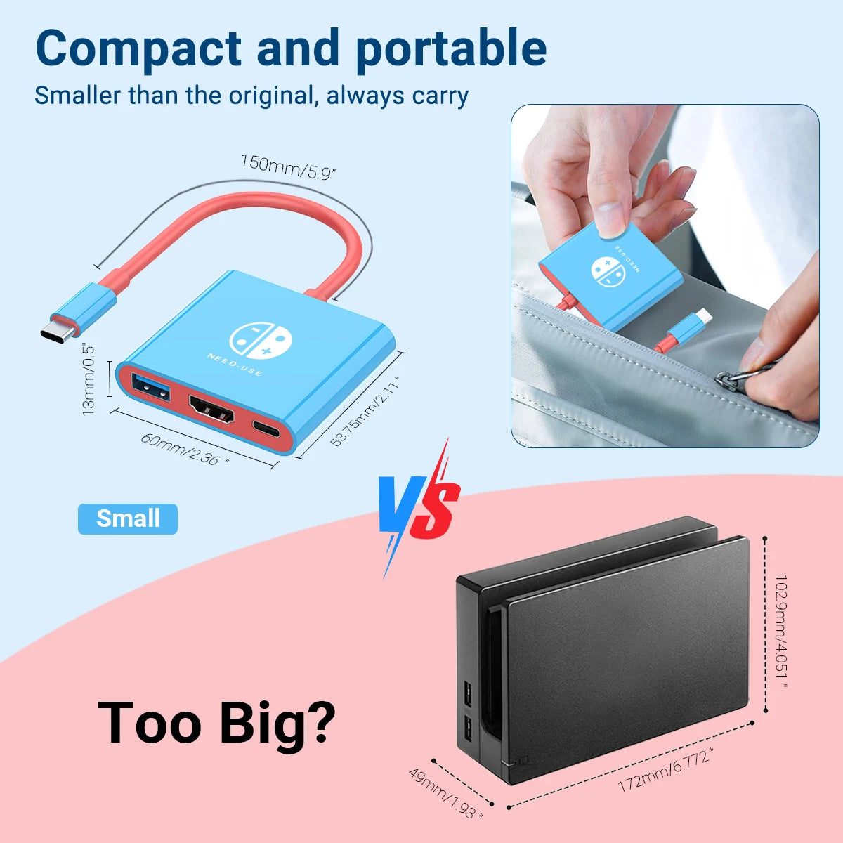 Portable Game Docking Station TYPE-C Hub with HDMI and USB 3.0 Perfect for Travel and Gaming