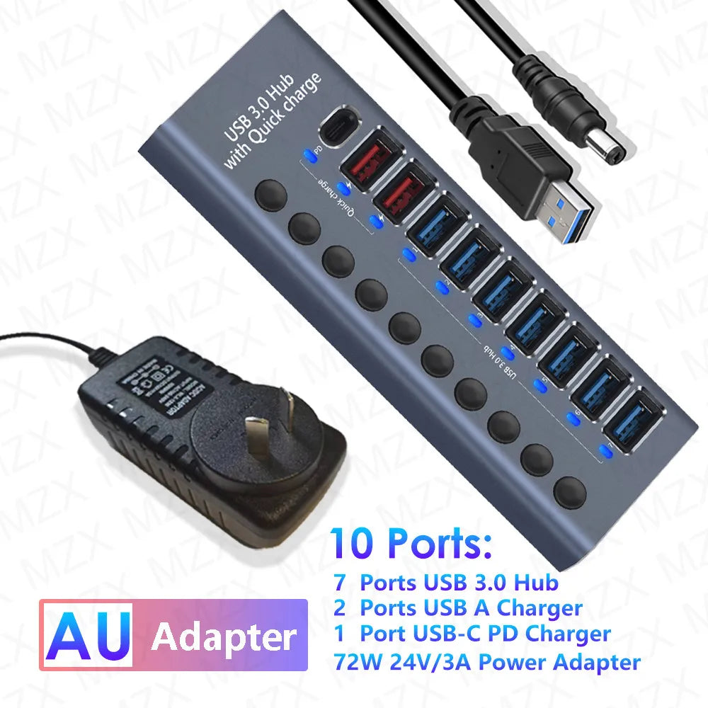 MZX USB A 3.0 Hub Aluminum Multi Ports Splitter Concentrator Quick PD Charger Power Adapter C Multiple Expander Hubs With Switch