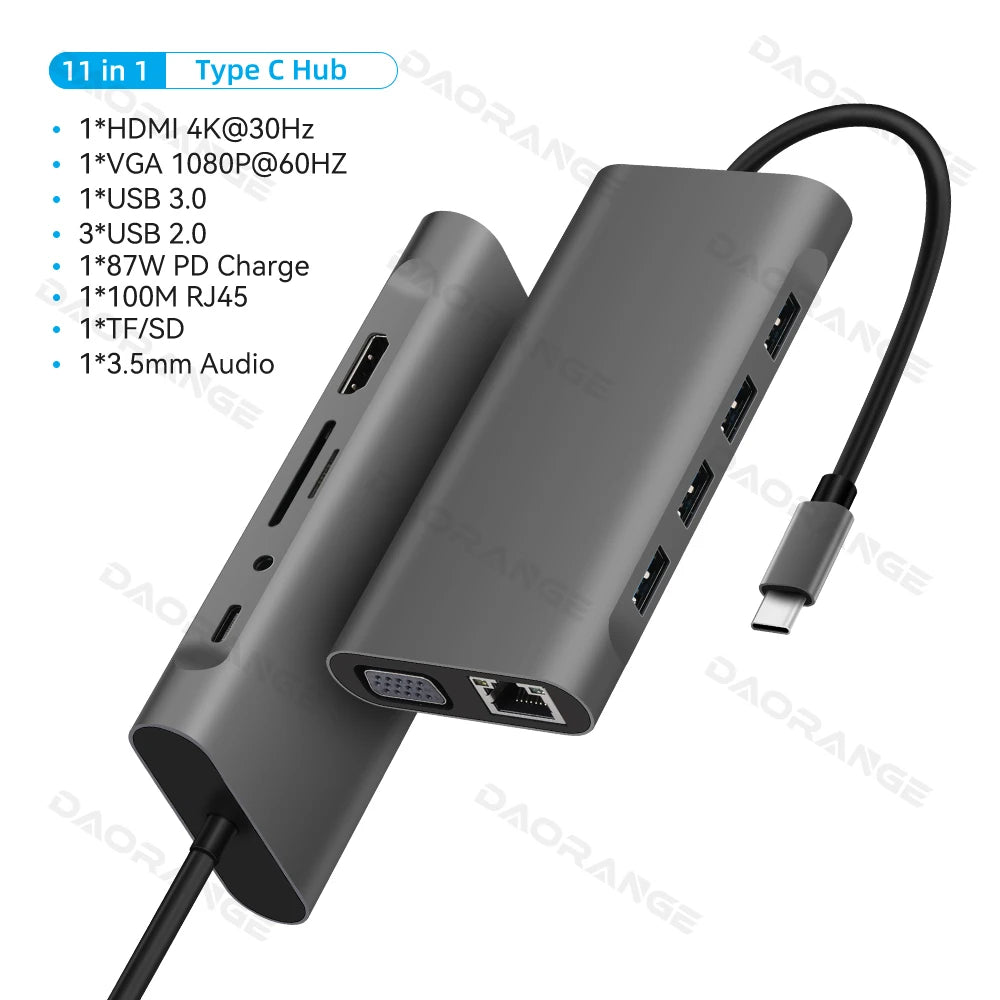 11 in 1 USB C 3.0 Hub Type C Laptop Adapter to 4K HDMI-Compatible VGA RJ45 Lan Ethernet SD/TF Card 87W PD Dock Station Splitter
