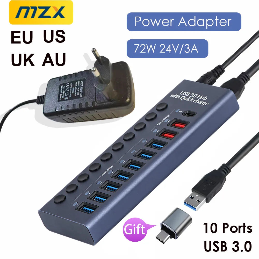 MZX USB A 3.0 Hub Aluminum Multi Ports Splitter Concentrator Quick PD Charger Power Adapter C Multiple Expander Hubs With Switch