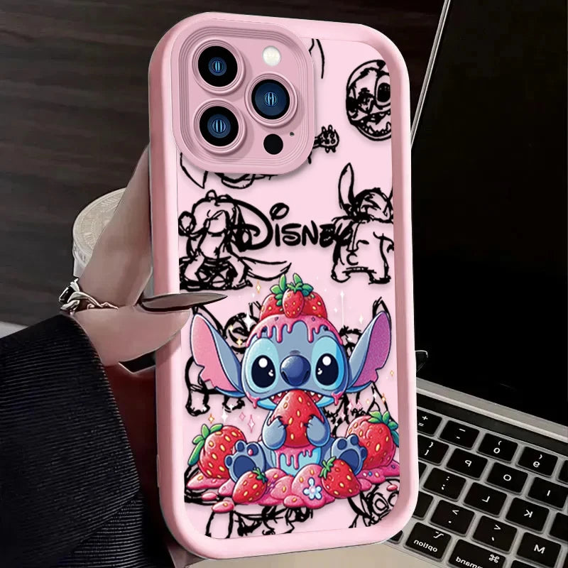 Disney Stitch Strawberry Cute Phone Case For iPhone 16 15 14 13 12 11 Pro Max X XS Max XR 12 13 Mini 8Plus Shockproof Soft Cover