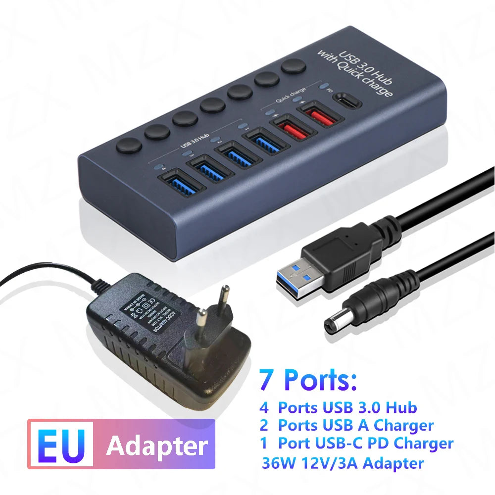 MZX USB A 3.0 Hub Aluminum Multi Ports Splitter Concentrator Quick PD Charger Power Adapter C Multiple Expander Hubs With Switch