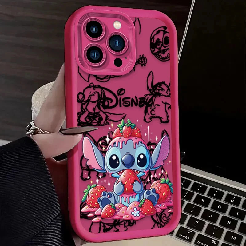 Disney Stitch Strawberry Cute Phone Case For iPhone 16 15 14 13 12 11 Pro Max X XS Max XR 12 13 Mini 8Plus Shockproof Soft Cover