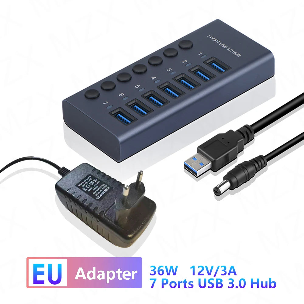 MZX USB A 3.0 Hub Aluminum Multi Ports Splitter Concentrator Quick PD Charger Power Adapter C Multiple Expander Hubs With Switch