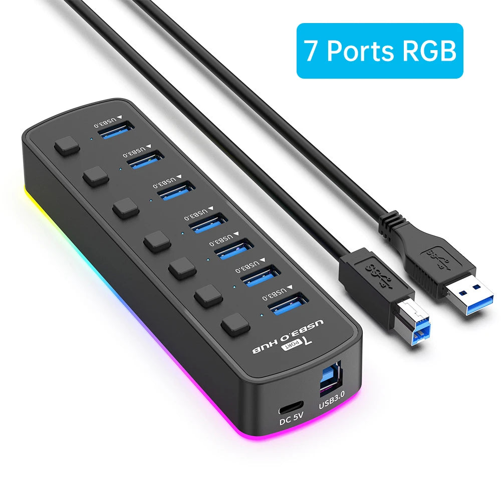 USB 3.0 Hub 4 Ports 7 Ports USB 3.0 Data Port Adapter 5Gbps High Speed Individual On/Off Switch Splitter USB Extension