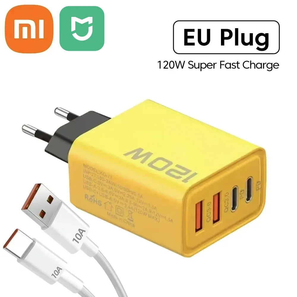XIAOMI 120W Fast Charger TypeC 10A Cable Ultra Fast Charge 4Port USB C PD High Speed Charger Adapter For Xiaomi iPhone 16 Huawei