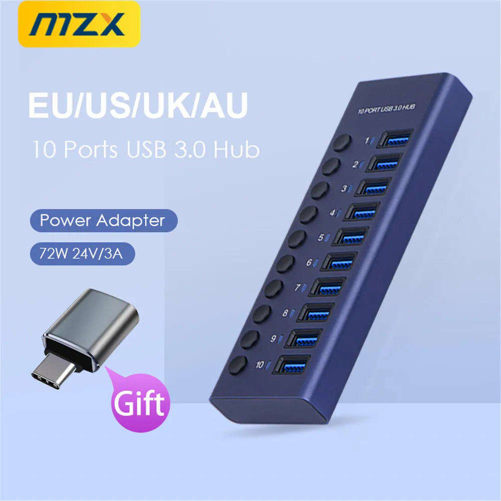 MZX USB A 3.0 Hub Aluminum Multi Ports Splitter Concentrator Quick PD Charger Power Adapter C Multiple Expander Hubs With Switch