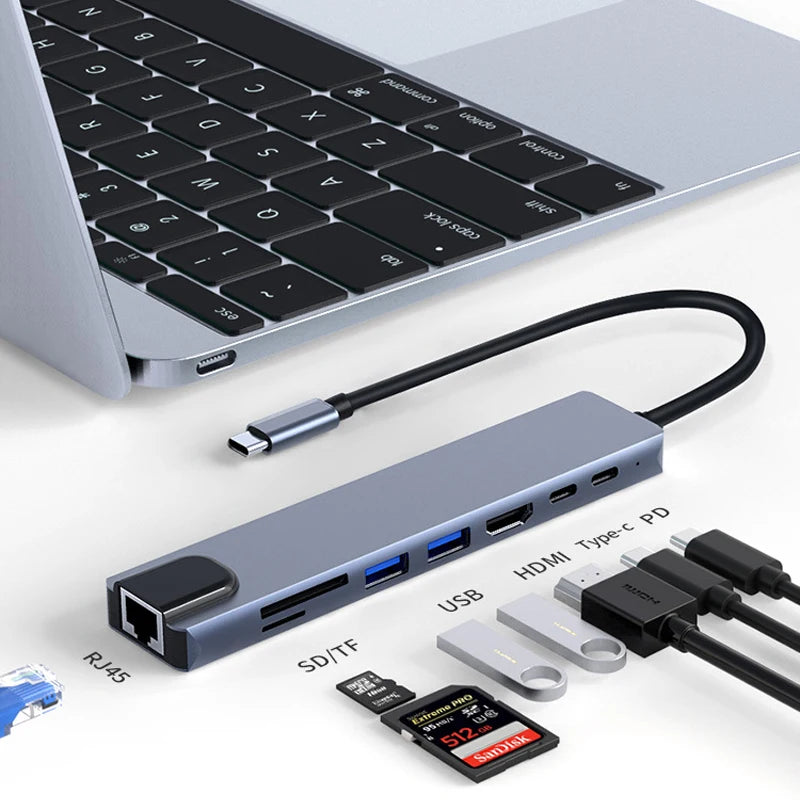 8 in 1 TYPE-C PC Tablet Phone Laptop TO HDMI RJ45 USB 2.0/3.0 SD TF Card Reader PD 100W Charger HUB Adapter Cable