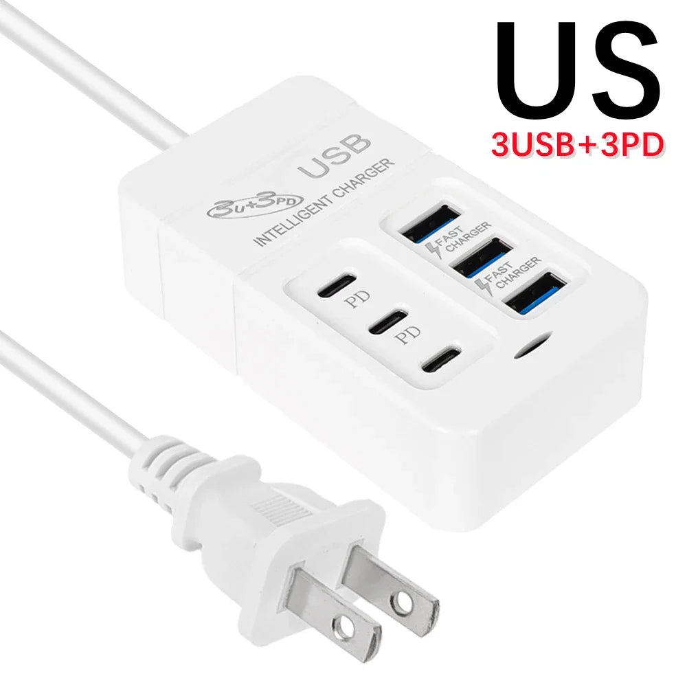 6Ports Multiport USB Charger 35W PD Type-C Mobile Phone Fast Chargin Quick Type C Wall Chargers TypeC Hub Adapter EU US UK Plug