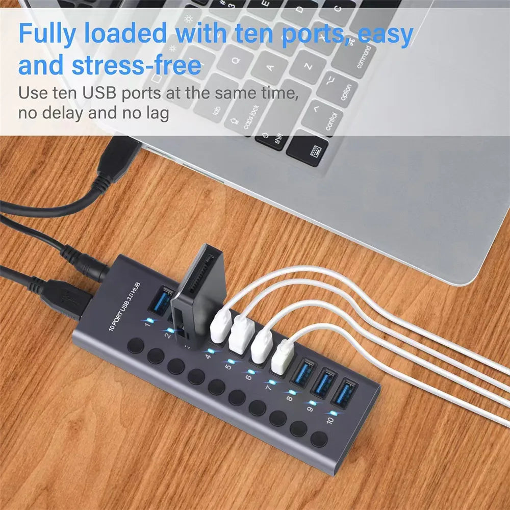 MZX USB A 3.0 Hub Aluminum Multi Ports Splitter Concentrator Quick PD Charger Power Adapter C Multiple Expander Hubs With Switch
