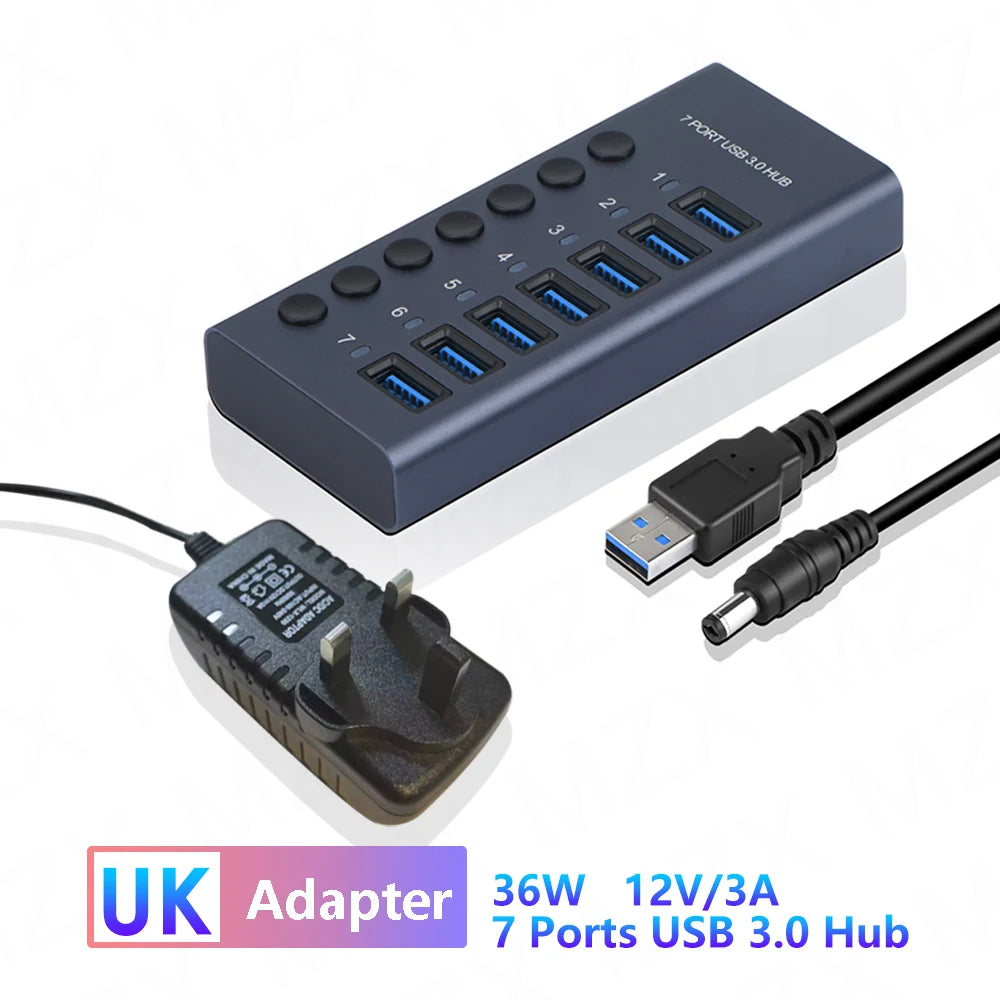 MZX USB A 3.0 Hub Aluminum Multi Ports Splitter Concentrator Quick PD Charger Power Adapter C Multiple Expander Hubs With Switch
